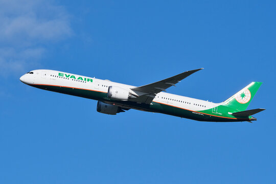 EVA Air Boeing 787-10 Dreamliner (b-17807) passenger plane climbing after takeoff at Narita International Airport