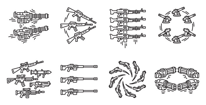 Collection of guns and firearms weapons icons set for military use.