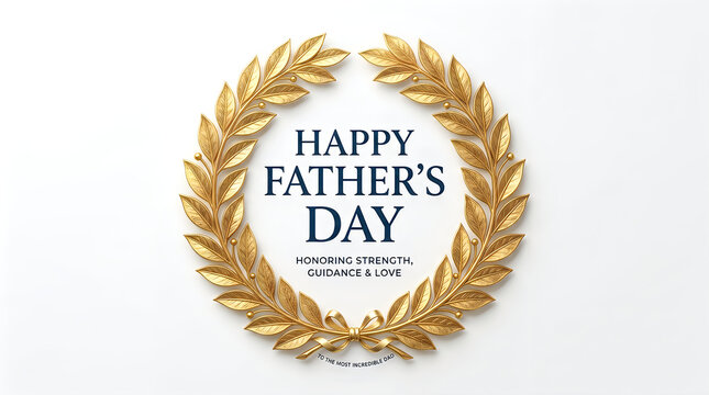 Happy father's day greeting inside a gold laurel wreath decoration with celebration greeting parenting