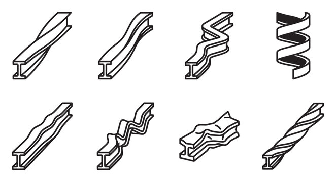 Deformed steel I-beams, twisted metal profiles, industrial structural damage examples.