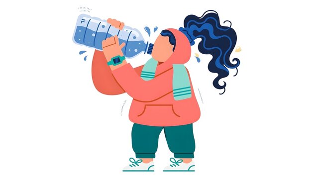 Alegria style vector illustration of a young woman drinking water from a bottle after a workout