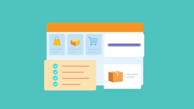 Minimal animated e commerce dashboard interface featuring shopping cart, product package, notifications, and order management workflow. Modern motion graphic for online retail, business, and technolog