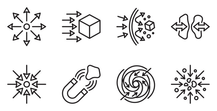Icons representing physical and abstract concepts like impact, force, and transformation.