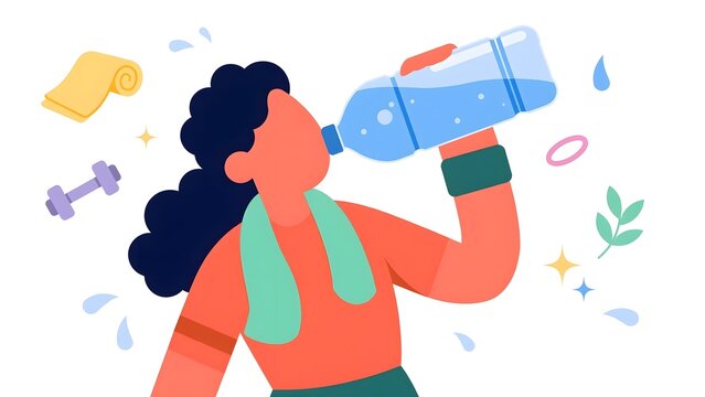 Alegria style vector illustration of a young woman drinking water from a bottle after a workout