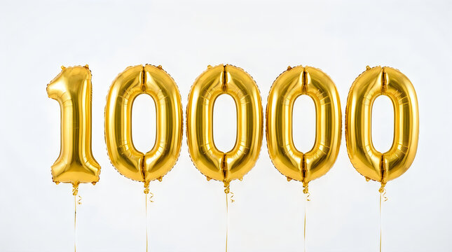 Golden number 10000 foil balloons against a plain white studio background with balloons thousand metallic