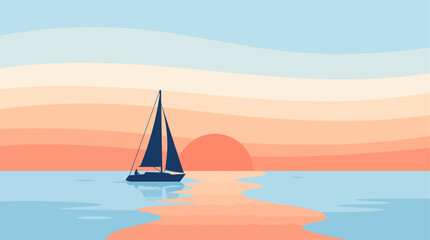 Fototapeta premium Serene Sunset Sailboat Illustration Featuring a Calm Ocean Horizon and Warm Evening Sky Colors