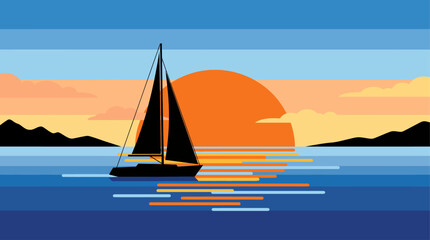 Fototapeta premium Minimalist vector illustration of a sailboat on the sea during a vibrant sunset with mountains in the background