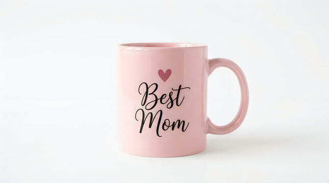 Pink ceramic coffee mug with best mom text and heart symbol isolated on a plain white background, beverage