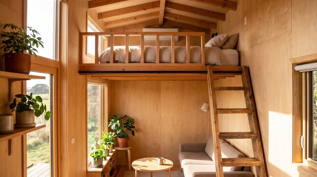 Cozy tiny house interior with stylish loft bedroom, warm wood finishes, minimalist furnishings
