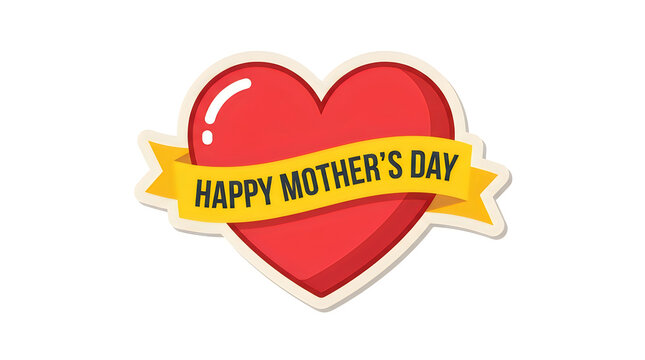 Happy mothers day graphic element with red heart and yellow ribbon banner isolated on white background