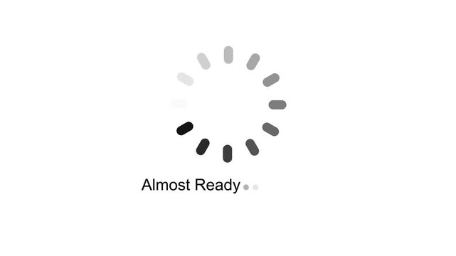 Minimalist White Theme Almost Ready Text Status with Animated Circular Progress Wheel Spinner UI Preloader Interface Graphic Element Seamless Loop Video for App Startup and Web Design.