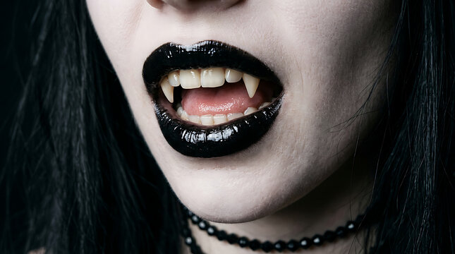 Close up of a gothic female mouth with sharp vampire fangs and black lipstick