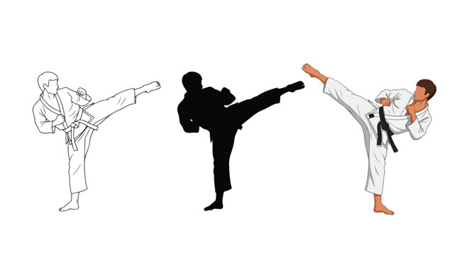 Karate martial arts pose vector set: Glyph and solid icon set - Icon vector - Editable line icons. Vector illustration