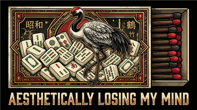 Funny Aesthetically Losing My Mind vintage matchbox vector illustration with a Japanese crane and Mahjong tiles, humorous dark humor graphic design for print on demand apparel