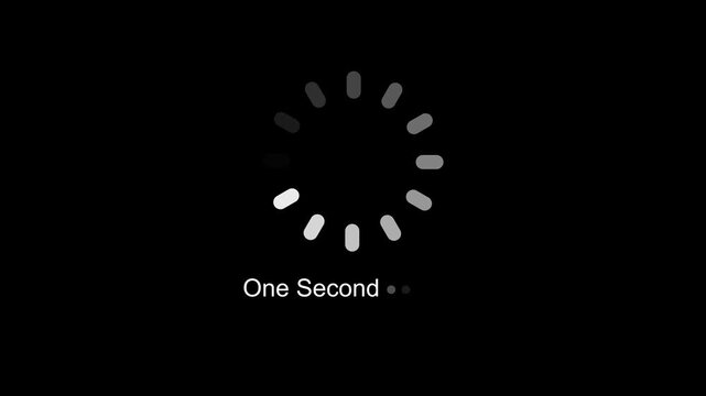 One Second Text Status Indicator with Animated Circular Progress Wheel Spinner UI Preloader Graphic Element Seamless Loop Video on Black Background for Web Design and Application Interface.
