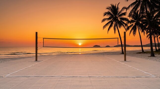 Empty beach volleyball court at sunset with palm trees