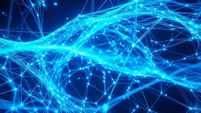 Abstract blue network visualization of interconnected nodes and lines representing digital communication or data flow
