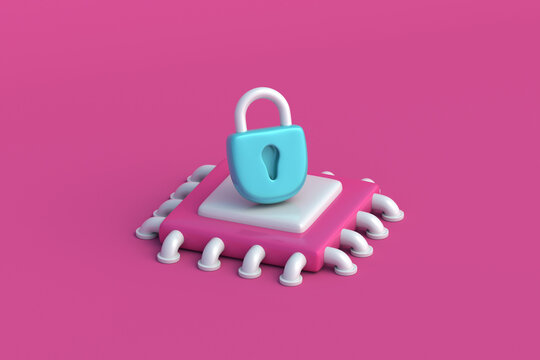 Cybersecurity concept. Information protection. Data encryption. Digital security technology. Access control. Cyber resilience. Password verification. Padlock on a computer chip. 3d render