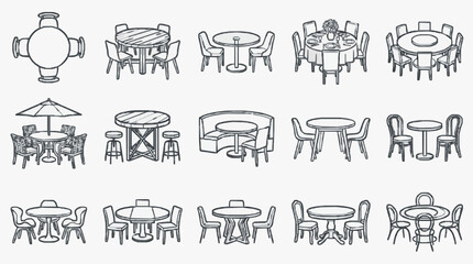 Obraz premium Industrial Black and White Line Drawing Set of Diverse Caf and Dining Tables with Chairs and Umbrellas