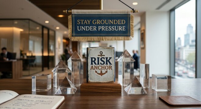 Risk Anchor Motivational Banner and Crystal Trophies in Office Setting