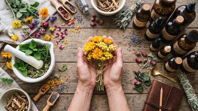 Herbalist holding yellow flowers over rustic apothecary wooden table