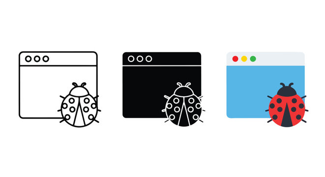 Software bug report vector icon set: Glyph and solid icon set - Icon vector - Editable line icons. Vector illustration