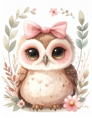 Obraz premium A cute cartoon owl with big eyes and a pink bow surrounded by delicate flowers and leaves in soft pastel tones.