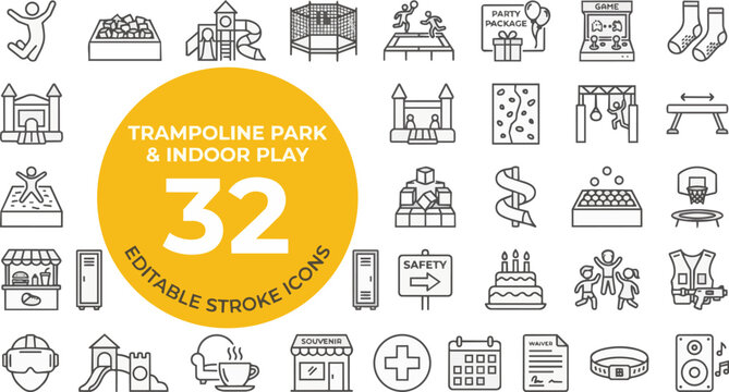 Trampoline park and indoor play activity line icon set on transparent background Editable Stroke.