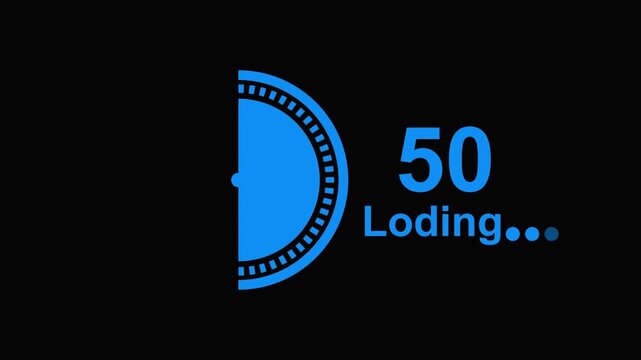 A vibrant blue loading indicator featuring a circle clock face, the number 100, and Loding..." text against a dark black background Keywords: loading.
