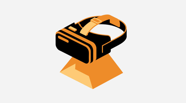 Isometric virtual reality headset on orange geometric stand.