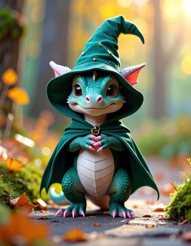 A cute, small dragon wearing a green wizard hat and cloak stands on a forest path surrounded by autumn leaves and soft sunlight.