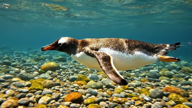 Underwater close up of a gentoo penguin swimming over pebble seabed