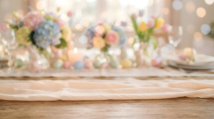 Naklejka premium Empty Wooden Table with Light Fabric Runner for Product Placement | Blurred Easter Table Background with Pastel Eggs and Spring Flowers | Festive Dining Room Mockup with Elegant Floral Decor