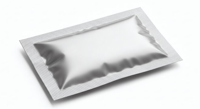 A single rectangular foil sachet or small pouch with sealed edges rests on a smooth surface showcasing a blank and empty wrapper perfect for custom branding and product packaging design concepts