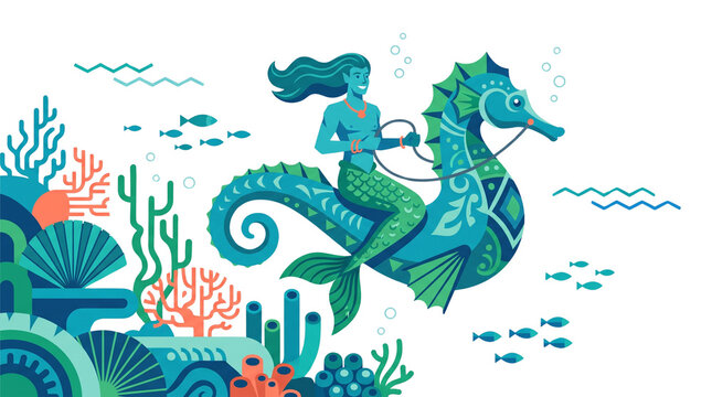 Mythical merman riding giant seahorse, underwater fantasy illustration with coral reef, turquoise ocean life vector art scene