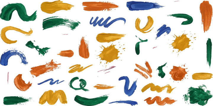 Abstract Brush Strokes: A vibrant collection of colorful brush strokes and splatters, featuring a diverse palette of blues, greens, oranges, and yellows, create a dynamic and artistic composition.