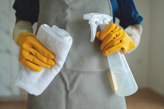 Professional Housekeeper Holding Cleaning Spray Bottle and Microfiber Cloth Wearing Protective Gloves for Residential House Cleaning, Professional Cleaning Service
