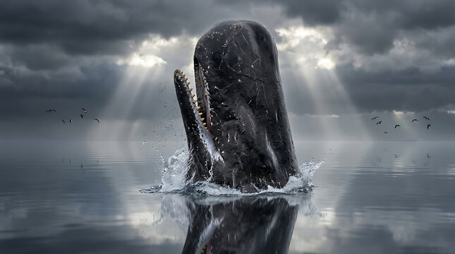 Majestic Sperm Whale Emerging From The Deep Ocean Under Dramatic Stormy Cloudy Skies