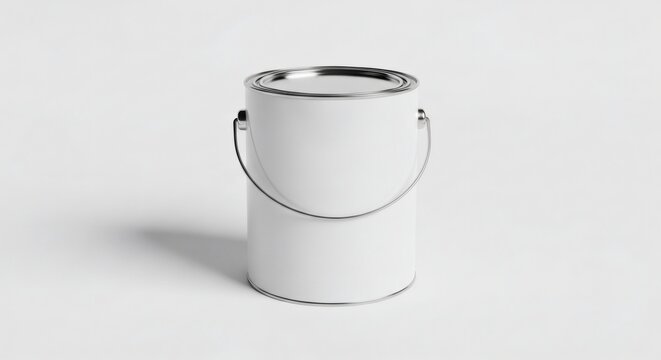 A classic metal paint can with a silver lid and wire handle stands ready for renovation projects showcasing a blank label surface perfect for custom branding and creative design applications in