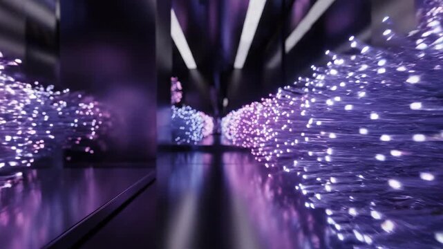 Tunnel of glowing fiber optic strands in purple and blue light, data transfer, technology background, network connection, digital communication
