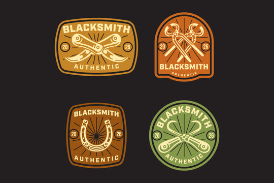 Blacksmith tools retro badge design for forge workshop. Set of vintage Farrier gears patch. Forging rustic emblem logo with knives, tongs and horseshoe illustration