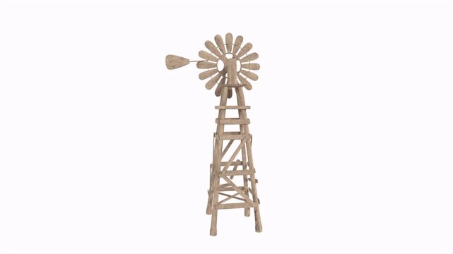 Wooden windmill spinning on white background rotating on white background