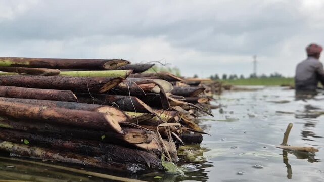 Close Up Of Raw Jute Bundles Arranged In Water For Retting Process