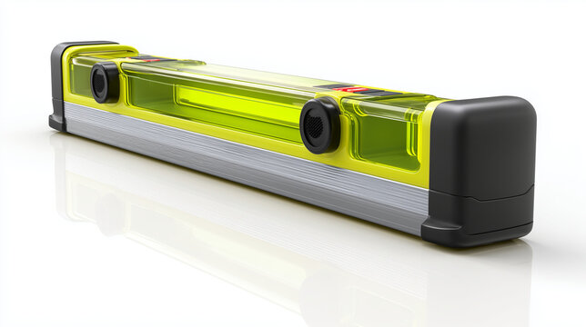 Low-angle close-up of spirit level with yellow-green vial on glossy white surface, bright studio lighting