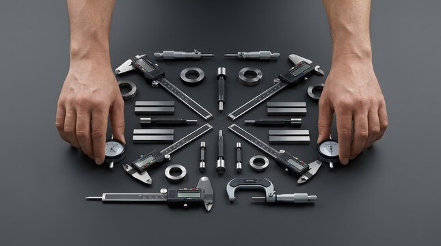 Precision engineering measurement tools arranged symmetrically on a dark background with hands.