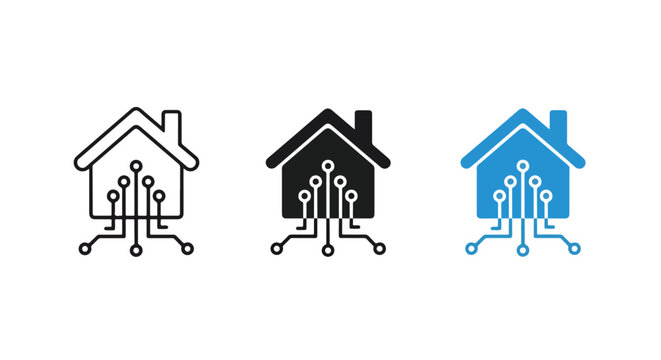Smart home circuit house icon set: Glyph and solid icon set - Icon vector - logo icons. Blue, Black and white icons
