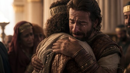 Obraz premium Joseph embracing his brothers after revealing his identity in the Egyptian palace.