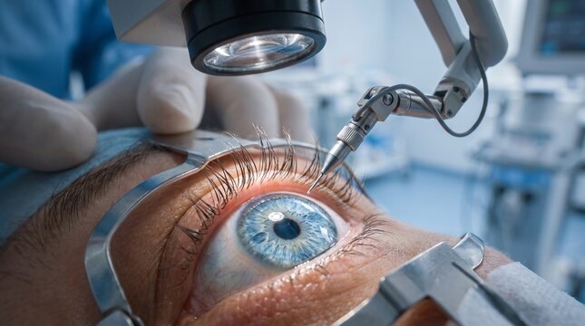 Close-up eye surgery procedure with precision robotic instrument. Ophthalmologist performing advanced laser microsurgery on human cornea.