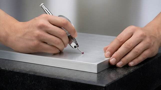 A worker uses a precision scriber tool to mark a measurement on a flat metal plate.