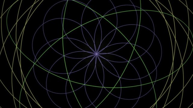 Abstract seamless background featuring intersecting circles in green and purple on a dark canvas.